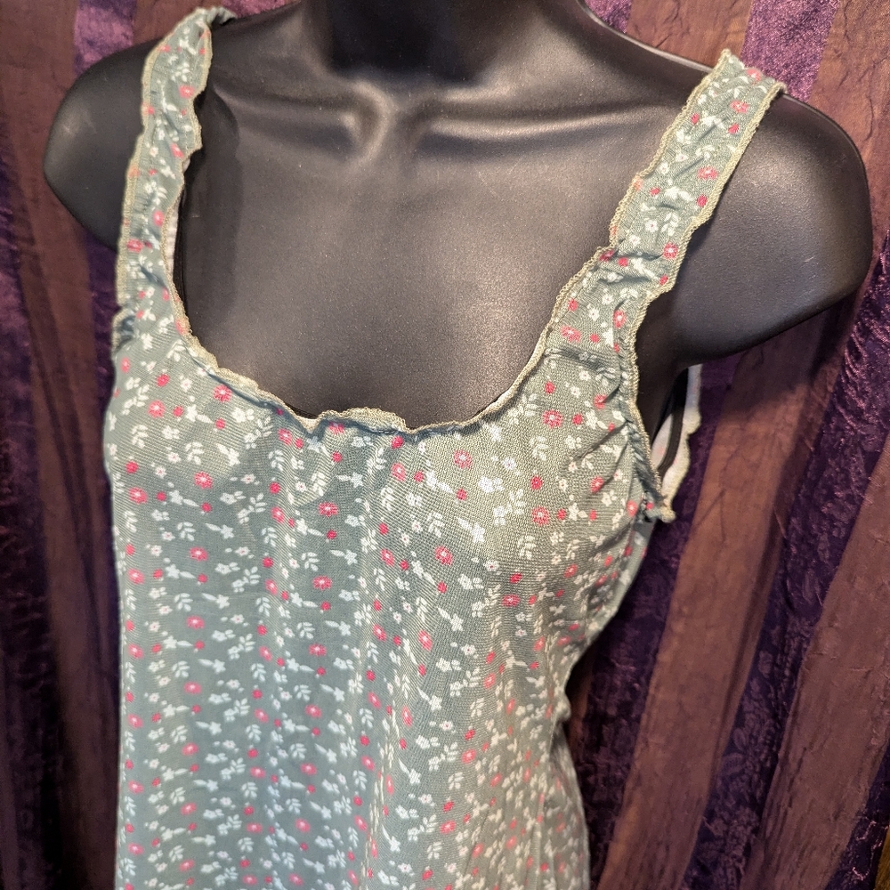 Ditsy Floral 🌺 Flowers Sheer Mesh Olive Tank Top Med - Picture 4 of 6